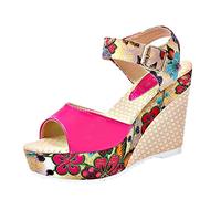Sandale Compensee Femme Eté Mules Et Sabots Sandale Sandales Plate- Talons Dentelle Bouche Impression Nationale Haute Femmes Fish Slope Non Positionné Sandales Femme Compensé (Hot Pink 37)