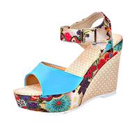 Sandale Compensee Femme Eté Mules Et Sabots Sandale Sandales Plate- Talons Dentelle Bouche Impression Nationale Haute Femmes Fish Slope Non Positionné Sandales Femme Compensé Mules (Blue 39)