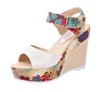 Sandale Compensee Femme Eté Mules Et Sabots Sandale Sandales Plate- Talons Dentelle Bouche Impression Nationale Haute Femmes Fish Slope Non Positionné Sandales Femme Compensé (White 37)