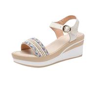Sandale Compensee Femme Eté Sandales Compensées Sandales d'été à bout rond et strass pour femmes chaussures à talons compensés semelle épaisse Et Mules Pour Femmes Talon (White 38)