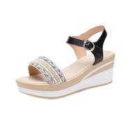 Sandale Compensee Femme Eté Sandales Compensées Sandales d'été à bout rond et strass pour femmes chaussures à talons compensés semelle épaisse Et Mules Pour Femmes Talon (Black 36)