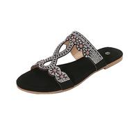 Sandale Plate Femme Chaussure Ete Confortable Printemps Et Été de 2026 Nouvelles Sandales Bosomian Tête Ronde Sandales Plates Femmes Strass Grande Taille Chaussures Femme Ete Chic (Black,37)