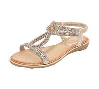 Sandale Plate Femme Confort Chaussure Ete Chic Dames Été Creux Strass Fond Plat Bohème Confortable Grande Taille Chaussures de Plage Sandales Mules Femme Été Confortable Sandale Petit Talon (Gold,42)