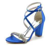 Sandales À Bloc Talons avec Strass Et Traverser La Cheville pour Femme Chaussures De Mariée De Mariage,Bleu,37 EU
