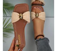 Sandales à boucle dorée élégante LangMoon 2026 Beige, décor de nœud brillant + boucle ovale en métal, semelle plate souple et antidérapante durable et confortable. Chaussures polyvalentes et élégantes