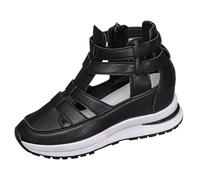 Sandales à bout couvert avec semelle compensée creuse pour femme - Sandales plates avec sangle de cheville - Chaussures de marche avec maille légère et respirante pieds nus, Noir , 39.5 EU