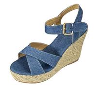 Sandales à bout ouvert et sangle de cheville pour femme - Sandales compensées en jean pour femme - Chaussures d'hiver noires, bleu clair, 37 EU