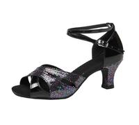 Sandales à enfiler brillantes avec lanières pour danses latino-américaines avec dessus en perles et talon confortable, Noir , 37 EU