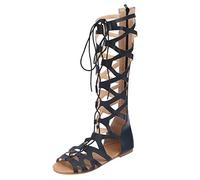 Sandales à lanières - Bottes hautes - Bout ouvert - Sandales de loisirs - Sandales romaines élégantes - Chaussures tendance pour femme - Sandales de plage - Chaussures plates d'été - Loisirs, Noir
