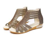 Sandales à l'esclave - Sandales élégantes pour femme, sangles multiples, fermeture éclair arrière, tongs, bout ouvert, talon découvert, chaussons, blanc beige, tige tressée, semelle basse, or, 37 EU