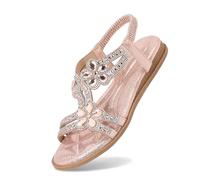 Sandales à paillettes pour femme - Élégantes sandales plates à strass pour filles - Chaussures d'été pour femme - Semelles souples et confortables - Bande élastique - Large plage Sum, rose, 41 EU