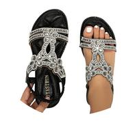 Sandales à paillettes pour femmes été confortables chaussures élégantes plates sandalettes argent festif mariage sandales à bride élastique dos nu T-strap chaussures de plage fille bohème loisirs