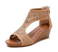 Sandales À Plateforme Femme À Clous Sandales Gladiator À Strass avec Semelle Antidérapante Et Fermeture Éclair À L'Arrière pour Vacances D'Été Et Marche sur La Plage,Apricot,37 EU