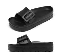 Sandales à plateforme noires pour femme - Bout ouvert - Avec soutien de la voûte plantaire - Sangles réglables à boucle unique - Sandales de plage essentielles pour l'été, Boucle noire unique., 42 EU