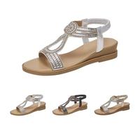 Sandales à plateforme pour femme - Sandales de plage confortables - Chaussures bohème légères avec bande élastique - Talon compensé d'été - Chaussures d'été avec strass et perles - Sandales élégantes