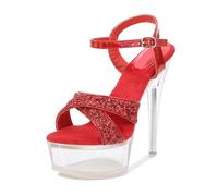 Sandales à Plateforme Transparente pour Femmes avec Talons Aiguilles de 14 cm - Talons Hauts pour Pole Dance et boîte de Nuit - Chaussures de fête de Mariage,Rouge,41 EU