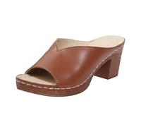 Sandales à talon bloc pour femme - Plateforme unie - Style décontracté - En cuir - Coupe large - Bout ouvert - Sandales d'été confortables à enfiler - Coupe arche - Taille 37 à 40, marron, 40 EU