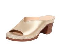 Sandales à talon bloc pour femme - Plateforme unie - Style décontracté - En cuir - Coupe large - Bout ouvert - Sandales d'été confortables à enfiler - Coupe arche - Taille 37 à 40, doré, 39.5 EU