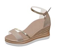Sandales à talon compensé confortables pour femme - Sandales compensées pour femme - Semelle plate - Légères - Avec lanières fermées - Chaussures de plage - Sandales à lanières - Talon décontracté, or