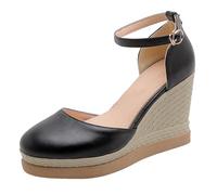Sandales À Talon Compensé Espadrilles Femmes avec Plateforme Bout Fermé Bride Cheville Blanc Semelle en Corde De Jute pour Sorties Estivales Et Marche Quotidienne,Noir,43 EU