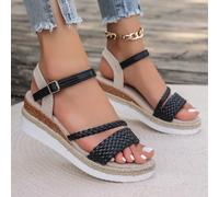 Sandales à talon compensé noir, à semelle épaisse tressée. Chaussures légères et confortables avec de véritables semelles en corde de chanvre. Sandales compensées de style bohème augmentant la hauteur