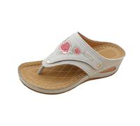 Sandales à talon compensé pour femmes avec motif floral élégant et design entre-doigts confortable pour sorties estivales décontractées (Grey, 40)