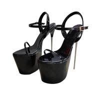 Sandales à Talon en Acier pour Femmes avec Une Seule lanière et Bout Ouvert - Chaussures Grandes Tailles à Talon Fin extrêmement Haut de 22 cm pour Mariage, Bal et scène,Noir,46 EU