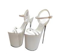 Sandales à Talon en Acier pour Femmes avec Une Seule lanière et Bout Ouvert - Chaussures Grandes Tailles à Talon Fin extrêmement Haut de 22 cm pour Mariage, Bal et scène,Blanc,41 EU
