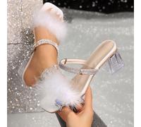 Sandales à talon épais à paillettes pour femmes, 2 façons de porter, mules à strass et poils, nouvelles arrivées Printemps/Été 2024 Saint-Valentin EUR35,EUR36,EUR37,EUR38,EUR39,EUR40,EUR41,EUR42Unicol