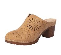 Sandales à talon pour femme - Mules ouvertes à l'avant - Sabots de maison respirants - Semelle fixe - Pantoufles pour pieds larges - Sandales de vacances - Chaussons d'intérieur, marron, 39 EU