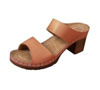 Sandales à talon pour femme - Sandales décontractées à talon bloc - Coupe large - Bout ouvert - Ajustement de la voûte plantaire - Sandales de marche en cuir uni - Chaussures romaines à enfiler