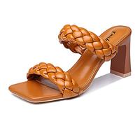 Sandales à talon tressé pour femme - Bout carré - Talon épais - Dos nu - Sexy - Été - Talons hauts, marron, 26.0 cm