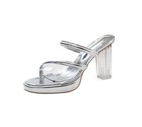 Sandales à talons à lanières transparentes pour femme - Sandales à talon bloc - Plateforme - À enfiler - Bout ouvert, Argenté., 37 EU