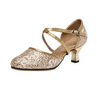 Sandales à talons bas à bout fermé pour femme - Chaussures de danse latine tendance à talons chatons avec sangle de cheville croisée pour femme - Sandales élégantes à paillettes pour salsa tango