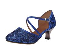 Sandales à talons bas à bout fermé pour femme - Chaussures de danse latine tendance à talons chatons avec sangle de cheville croisée pour femme - Sandales élégantes à paillettes pour salsa tango