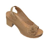 Sandales à talons bas et épais pour femme - Respirantes - Fleurs - Sangles réglables - Boucle - Bout ouvert - Tendance - Chaussures de fête antidérapantes pour un usage quotidien, marron, 37.5 EU