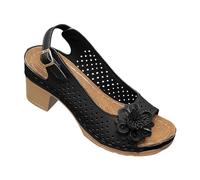 Sandales à talons bas et épais pour femme - Respirantes - Fleurs - Sangles réglables - Boucle - Bout ouvert - Tendance - Chaussures de fête antidérapantes pour un usage quotidien, Noir , 37 EU