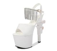 Sandales à Talons épais de 7 Pouces pour Femmes, Grande Taille, avec Bride à la Cheville, pour Mariage, Rendez-Vous Amoureux, Festivals d'été,Blanc,37 EU