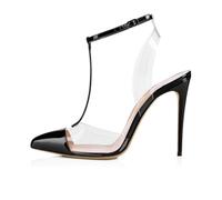 Sandales à Talons Hauts à Bout Pointu et Bride à la Cheville pour femme, Sandales Sexy en Pvc à Talons Aiguilles et Brides en T avec Rivets pour Soirée Mariage ou Bal de Promo,Noir,45 EU