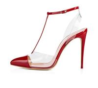 Sandales à Talons Hauts à Bout Pointu et Bride à la Cheville pour femme, Sandales Sexy en Pvc à Talons Aiguilles et Brides en T avec Rivets pour Soirée Mariage ou Bal de Promo,Rouge,43 EU