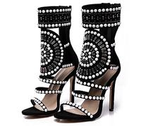 Sandales à Talons Hauts pour Femmes, Chaussures à Bout Ouvert avec Strass, Style Gladiateur en Diamant à Paillettes,Black,37 EU/6 US