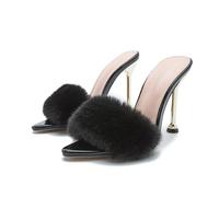 Sandales à Talons pour Femmes, Mules en Fourrure à Bout Ouvert et Pointu, Talons Aiguilles pour fête de Mariage, à Enfiler,Noir,37 EU
