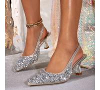 Sandales argentées, style européen et américain, talons hauts sexy à bout pointu avec strass, décoration scintillante, sandales à talons aiguilles, sandales de fête à talons aiguilles pour la Saint-Va