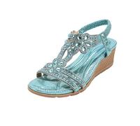 Sandales basses compensées pour femme avec strass étincelants et sangle de cheville élastique - Chaussures confortables pour les soirées et les vacances, bleu clair, 37 EU