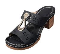 Sandales bohème à talons - Sandales respirantes - Chaussures d'été à talon bloc - Escarpins à plateforme avec strass et perles - Chaussures à enfiler - Mules de fête, Noir 01, 40 EU