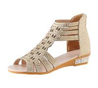 Sandales bohèmes décontractées avec strass pour femme - Fermeture éclair à l'arrière - Bout ouvert - Sandales plates scandales, beige, 40 EU