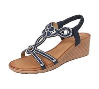 Sandales bohèmes pour femme avec barre en T élastique et sangle de cheville - Sandales d'été décontractées antidérapantes - Confortables - Bout ouvert - Chaussures de plage tendance pour les vacances