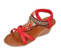 Sandales bohémiennes pour femme - Sandales plates élégantes - Sandales plates avec strass et perles - Chaussures de plage - Décontractées - Élastiques - Pour l'intérieur et l'extérieur, rouge, 39 EU