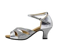Sandales brillantes à enfiler avec bordure à lanières pour danse latine - Dessus orné de perles - Talon confortable - Chaussures mi-hautes pour femme