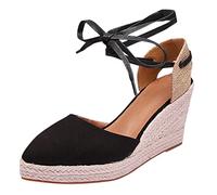 Sandales Classiques Femmes Bout Fermé Talon compensé Léger Espadrilles Confortable En Jute Élégant Sandales Réglable Plage Chaussures De Soirée Respirant Boucle Ou Sangles De Cheville Sandale, Noir